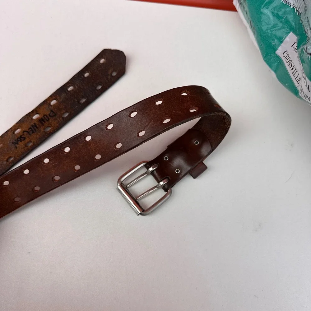 Vintage Brown Leather Double Prong Roller Buckle Adjustable Belt Mens 30-36